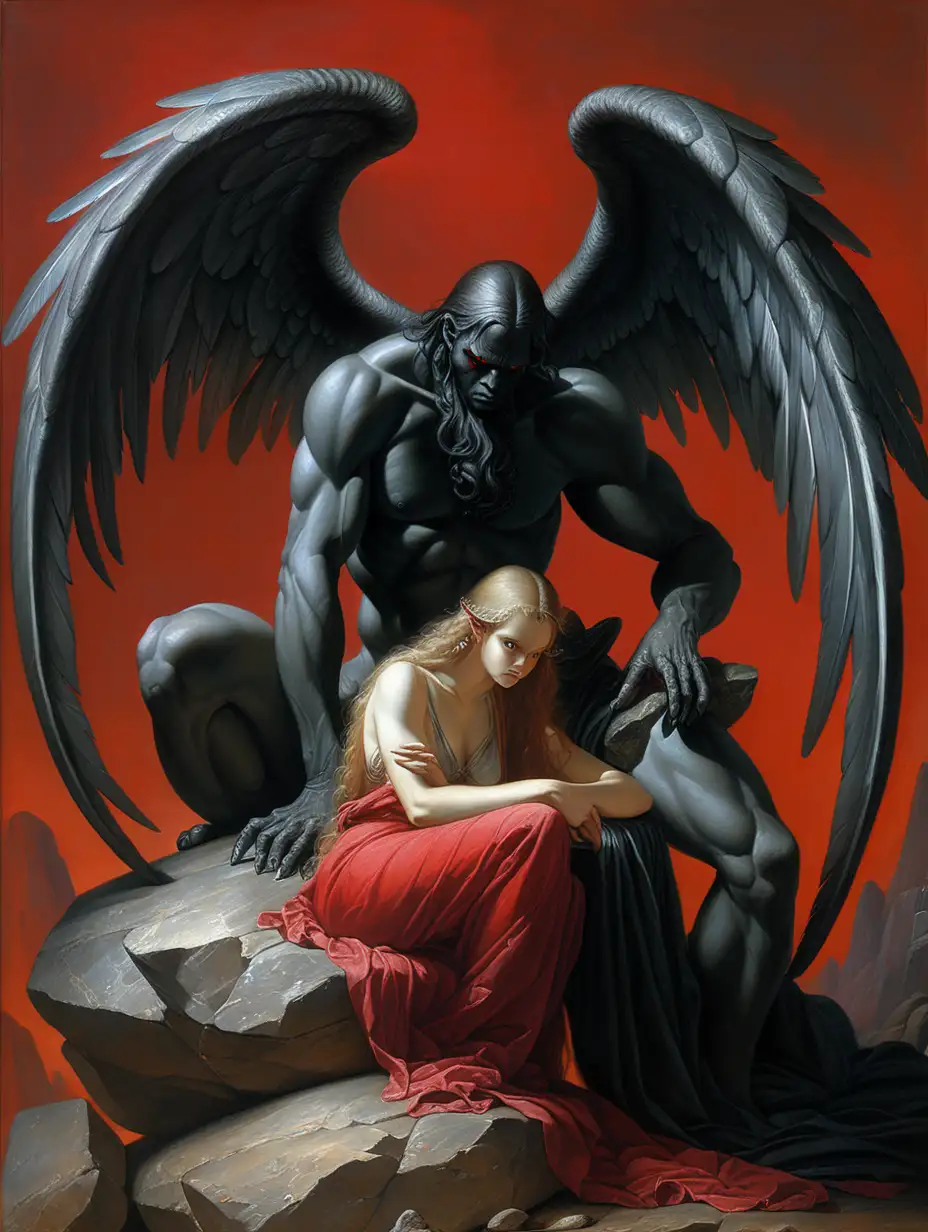 Angel and black demonic creature, sitting back to back on rock, rocks surrounding them, Renaissance, red background