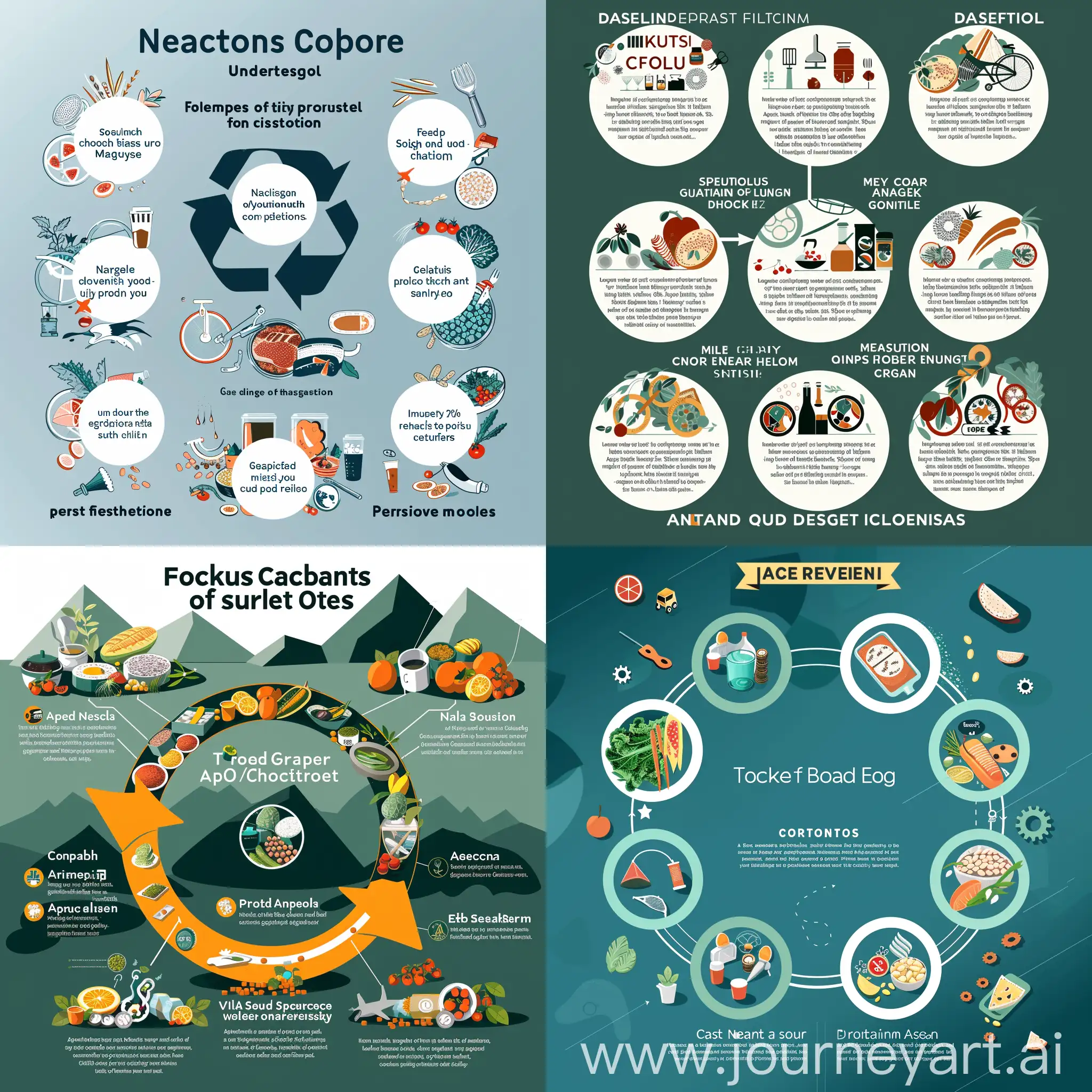 design a minimal English Infographic summarizing economic, social, and general environmental challenges of circular product cycles in the food sector. Do not explain each challenge a lot just use words and phrases. Make it suitable to use in an academic essay