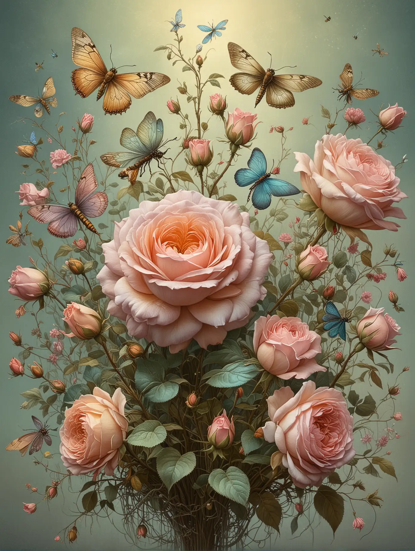 roses, pastel colors, vintage, kerem beyit, by Daniel Merriam, esao andrews, ornate, by Kerembeyit, inspired by Daniel Merriam, by Jan Kip, fire flies, dragonfly, butterfly, bee, daniel merriam, highly detailed digital artwork, antique, vintage, dusty, and rugged illustration, poster composition