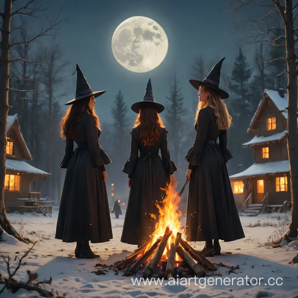 Три ведьмы в лесу стоят вокруг высокого костра. В далеке виднеется свет от городских домов. На улице зима. Большая луна на небе. Это фотография высокого качества.