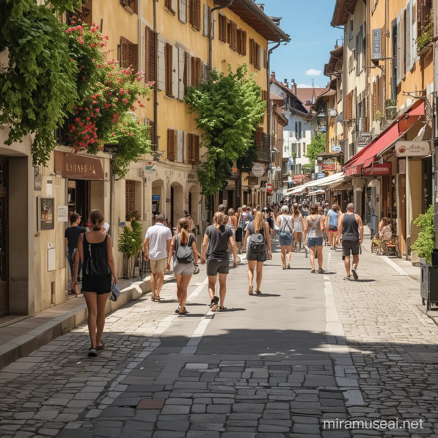 several people walking in the street in Annecy, during summer
