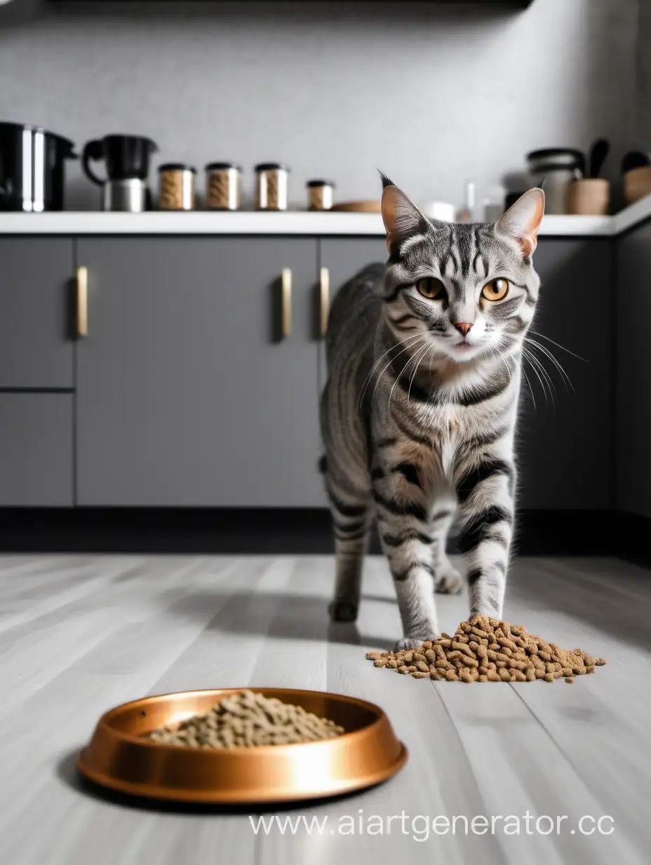 серая полосатая кошка ест сухой корм 
на фоне стильной кухни
