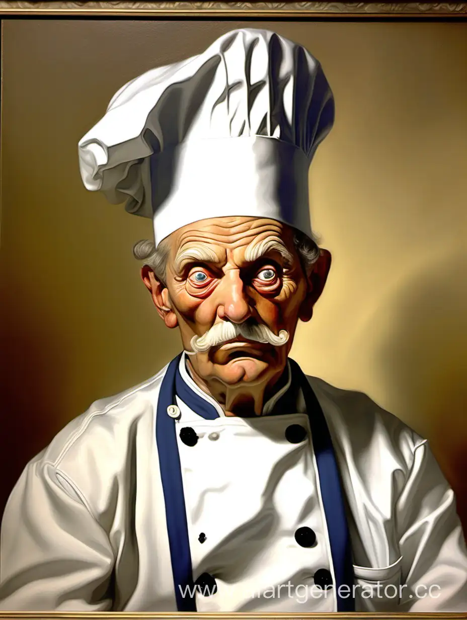 A french chef, wizened with age but with gleaming and wise sage like eyes. A chef of the immortals. Painted in the style of John Currin