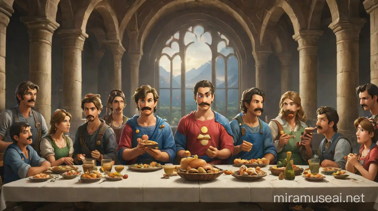 The last supper but they're in the mushroom Kingdom with super mario, correct anatomy 