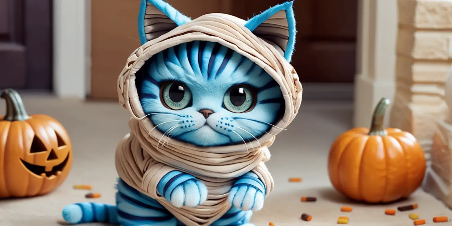 cute blue cat dressed up like a mummy for Halloween
