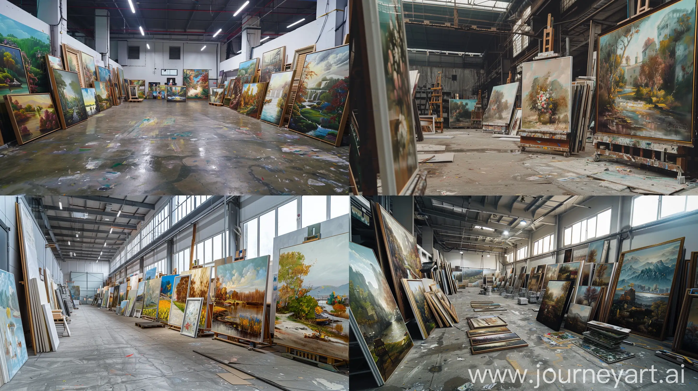 超大型油画工厂里堆满了没有装裱的纯手绘油画作品，（（干净不反光的水泥地面））、（8K 分辨率绘画质量，全景）--ar 16:9 --v 6 --iw 2