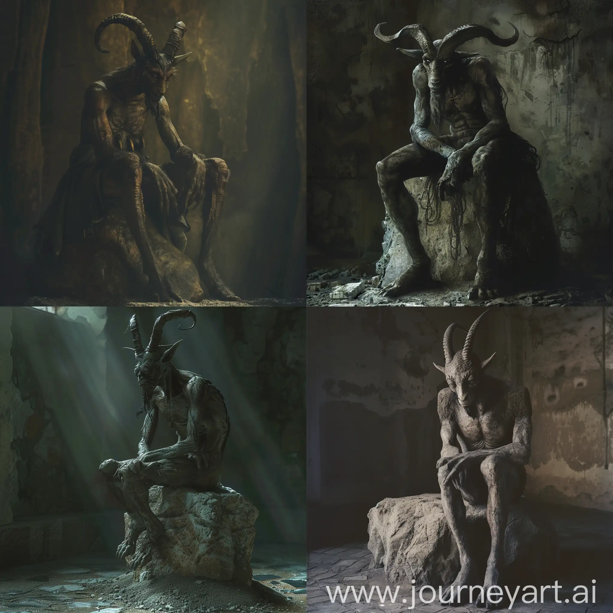 demon sat on a rock in a dark room, tall and big demon, sad posture, pensive posture, inhuman features, goat demon, robust body, big body, tall and big