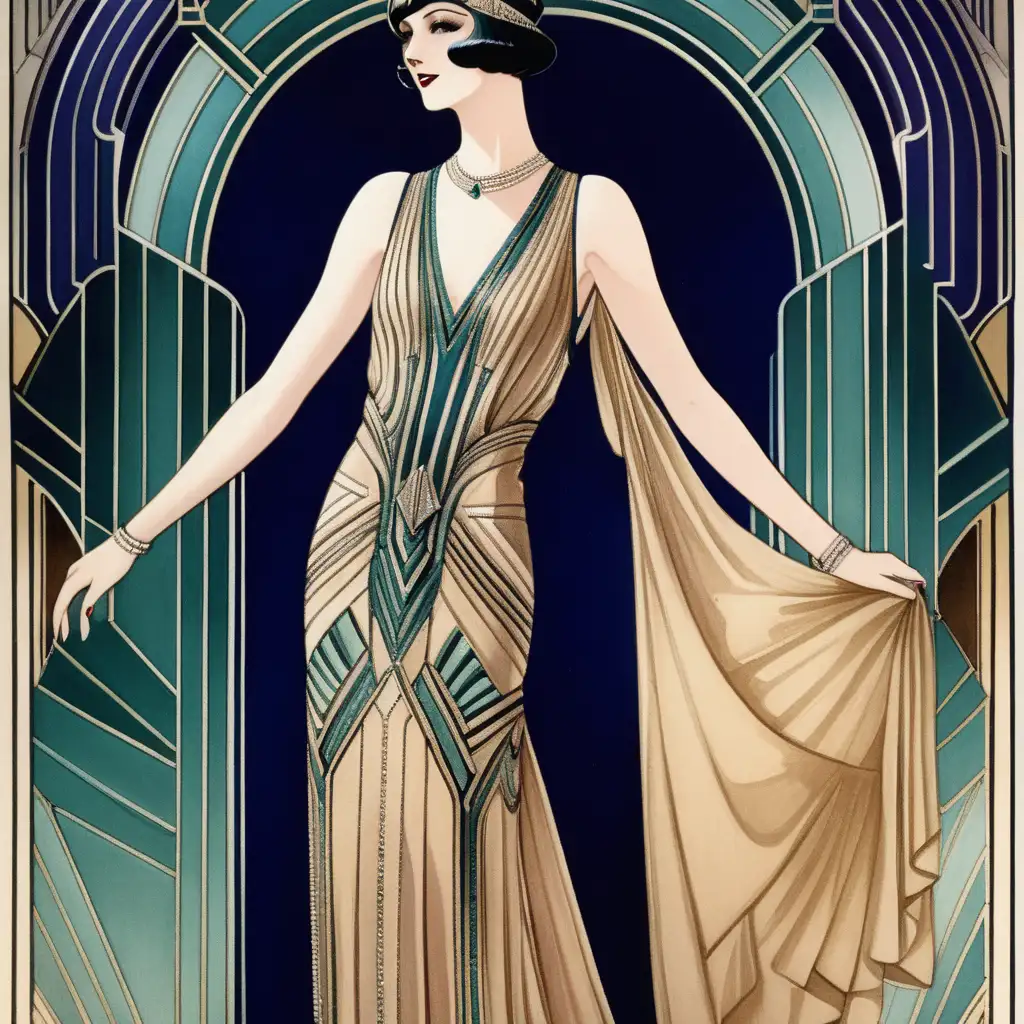 Colored page with An Art Deco evening gown worn by a woman at a glamorous soiree, capturing the geometric patterns and luxurious embellishments that defined 1920s fashion.