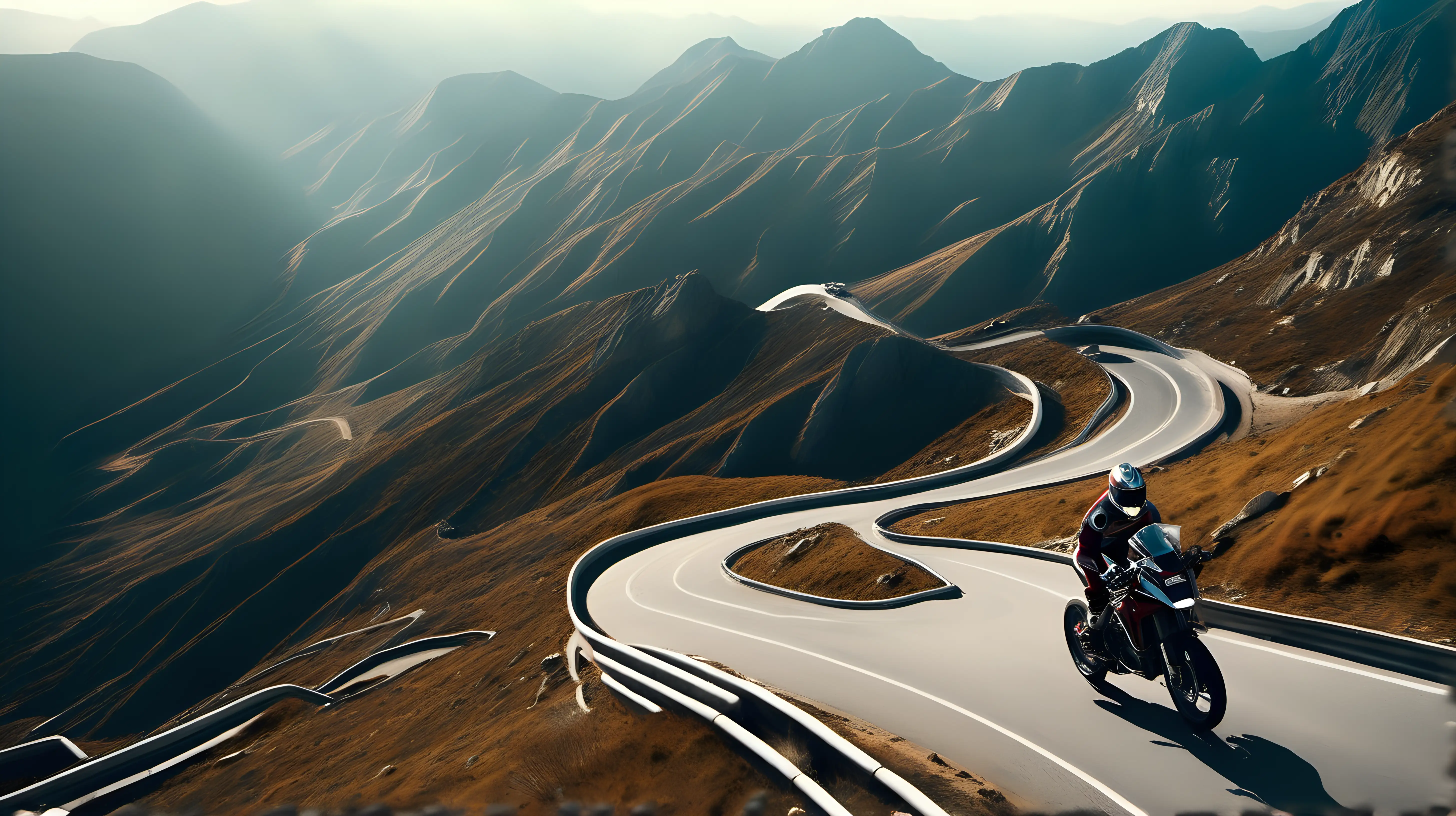A breathtaking shot of a racing bike and rider navigating a series of hairpin turns on a mountain pass, with the rugged terrain stretching out majestically in the background.