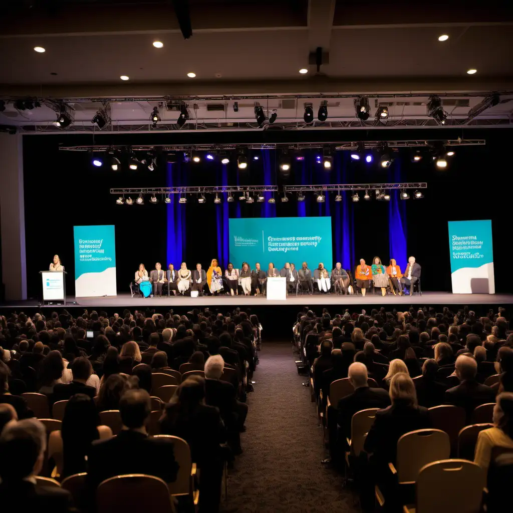 The stage is well-lit, with a podium at its center featuring a speaker passionately addressing the crowd. Light cascades down from overhead, creating a spotlight effect on the speakers who share their personal stories.

The audience is a mix of individuals, including educators, business leaders, policymakers, psychologists, and community members. They are engaged and responsive, nodding in agreement and sharing supportive glances as the speakers articulate the need for change.

On the stage, a diverse panel of experts sits together, symbolizing collaboration across different fields. The panelists include teachers with innovative teaching approaches, business leaders with a focus on employee well-being, policymakers advocating for systemic change, and psychologists offering insights into the importance of empathy.

The atmosphere is charged with positivity and determination. People in the audience are holding placards and signs expressing their commitment to empathy-driven change. The room is filled with a vibrant energy as the collective call to action resonates through the hall.

Capture the diversity of the participants – different ethnicities, ages, and professions – all united by a common goal. The scene culminates in a powerful moment where the entire audience stands together, hands raised in solidarity, pledging to champion empathy and redefine systems.

As the scene concludes, envision the hall buzzing with anticipation, people connecting and exchanging ideas, ready to embark on a collaborative journey to reshape education and business with empathy at its core.