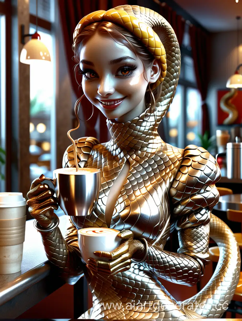 Весёлая антропоморфная девушка- змея в красивой блестящей одежде держит красивую чашку с кофе латте, высокое разрешение, лучшее качество, глянец, 32k