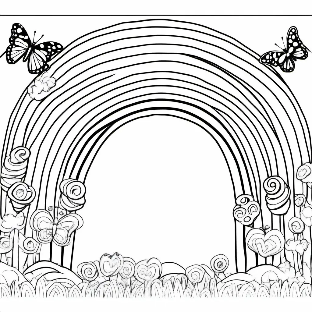 Draw a rainbow with eyes, mouth and a butterfly clip., Coloring Page, black and white, line art, white background, Simplicity, Ample White Space. The background of the coloring page is plain white to make it easy for young children to color within the lines. The outlines of all the subjects are easy to distinguish, making it simple for kids to color without too much difficulty