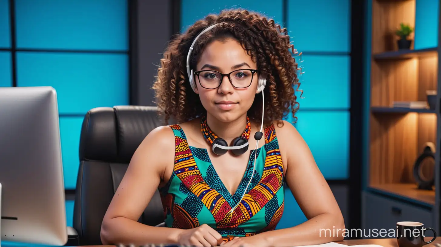  32 years old young woman sitting in the tv studio at the background, she is wearing an African print cloth dress wearing glasses with a curly hair look straight into the camera in front on her desk wearing headset and a laptop on the desk with mug in the desh.l