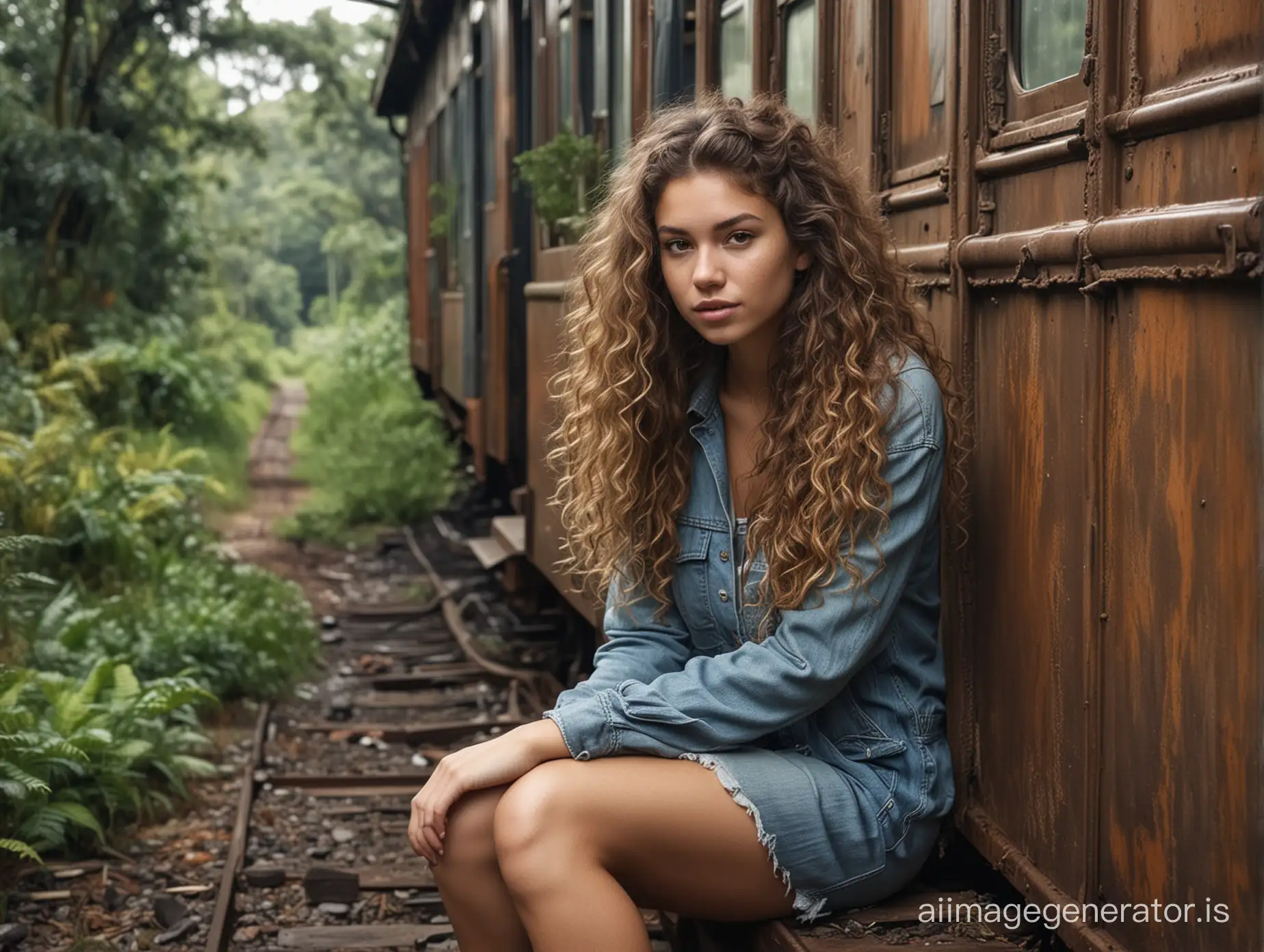 make a very realistic potrait of a beautifull girl, curly long hair, casual clothes, sitting in the doorway of a stopped train carriage, the train carriage is damaged and dusty and overgrown with bushes and moss, background is an old unused train station in the rainforest, cloudy weather.