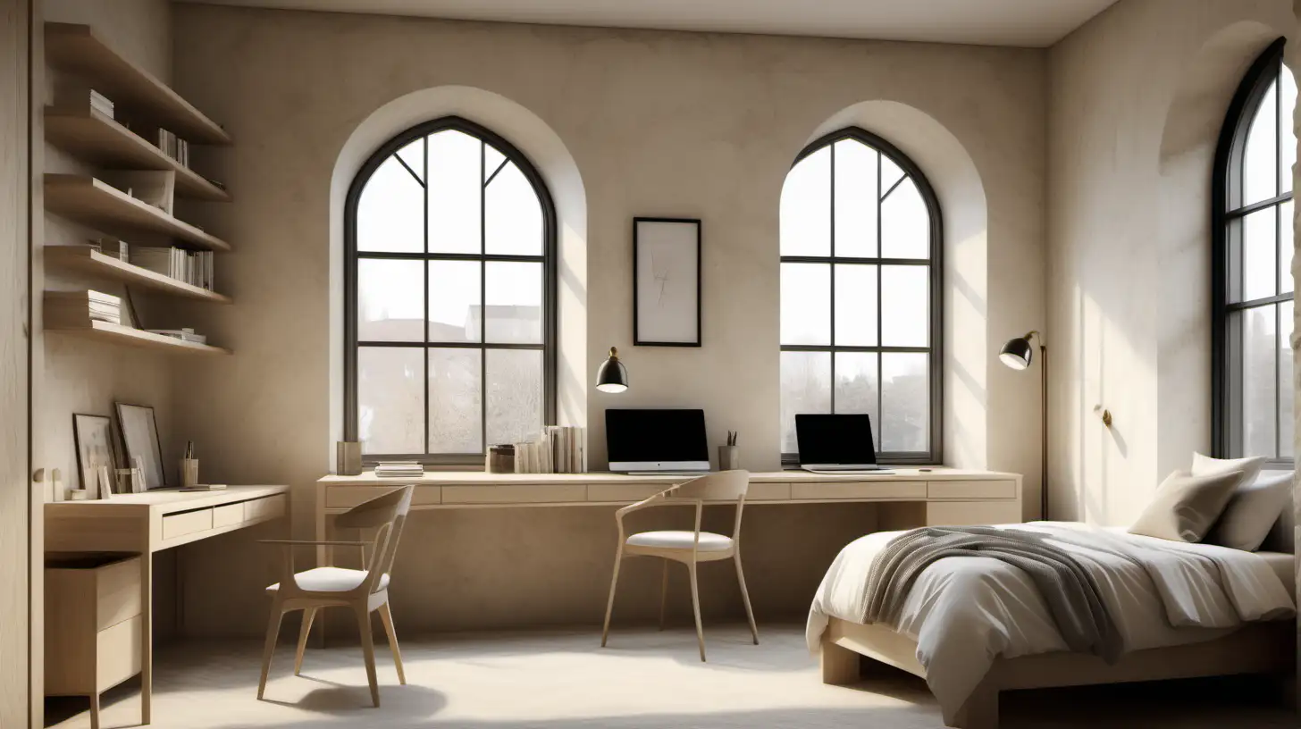 a hyperrealistic image of a classic contemporary large home minimalist hotel-style Teenagers bedroom with desk + computer; limewash walls in Bauwerk Bone; blonde oak;  brass; Large Window;