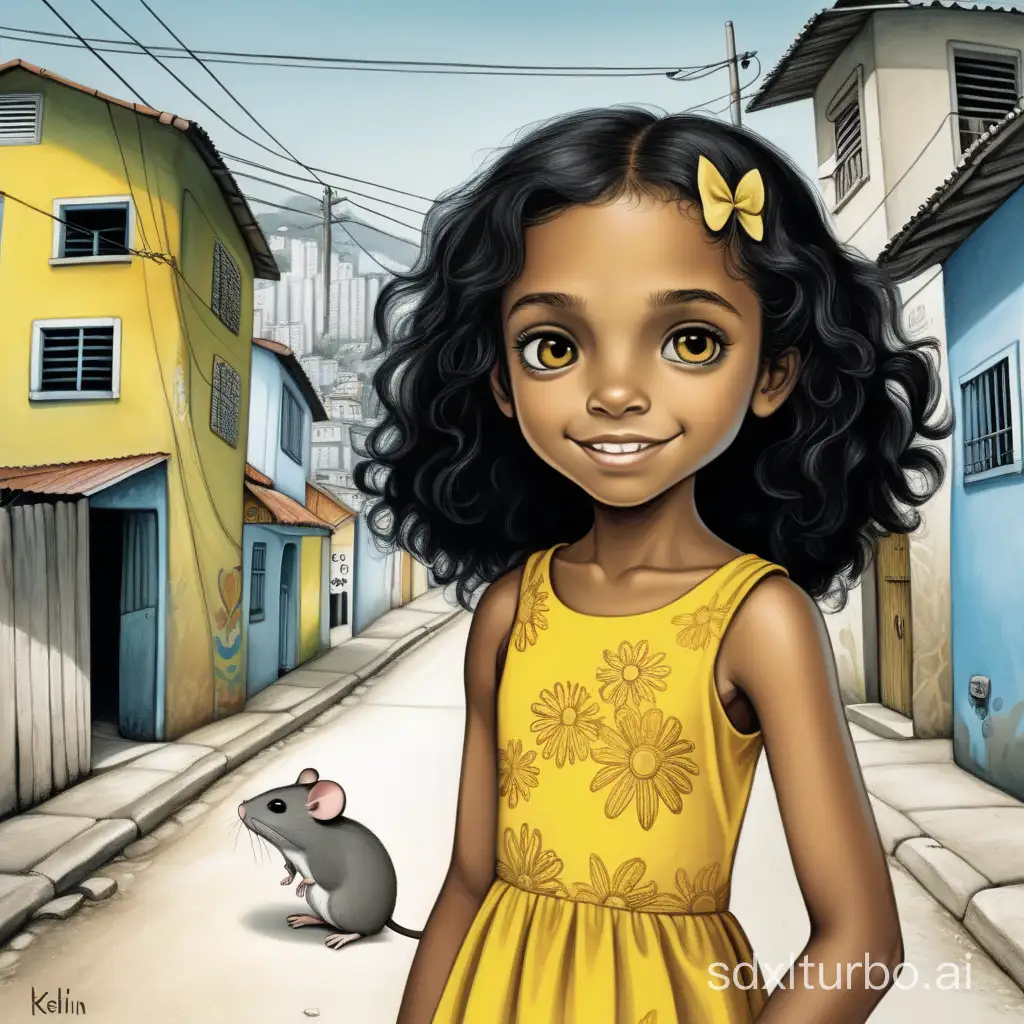Ketlin 8 year old girl, fair skin, black hair, dark eyes, yellow dress, gray mouse and they live in a poor community in the city of Rio de Janeiro, illustration for a children's book