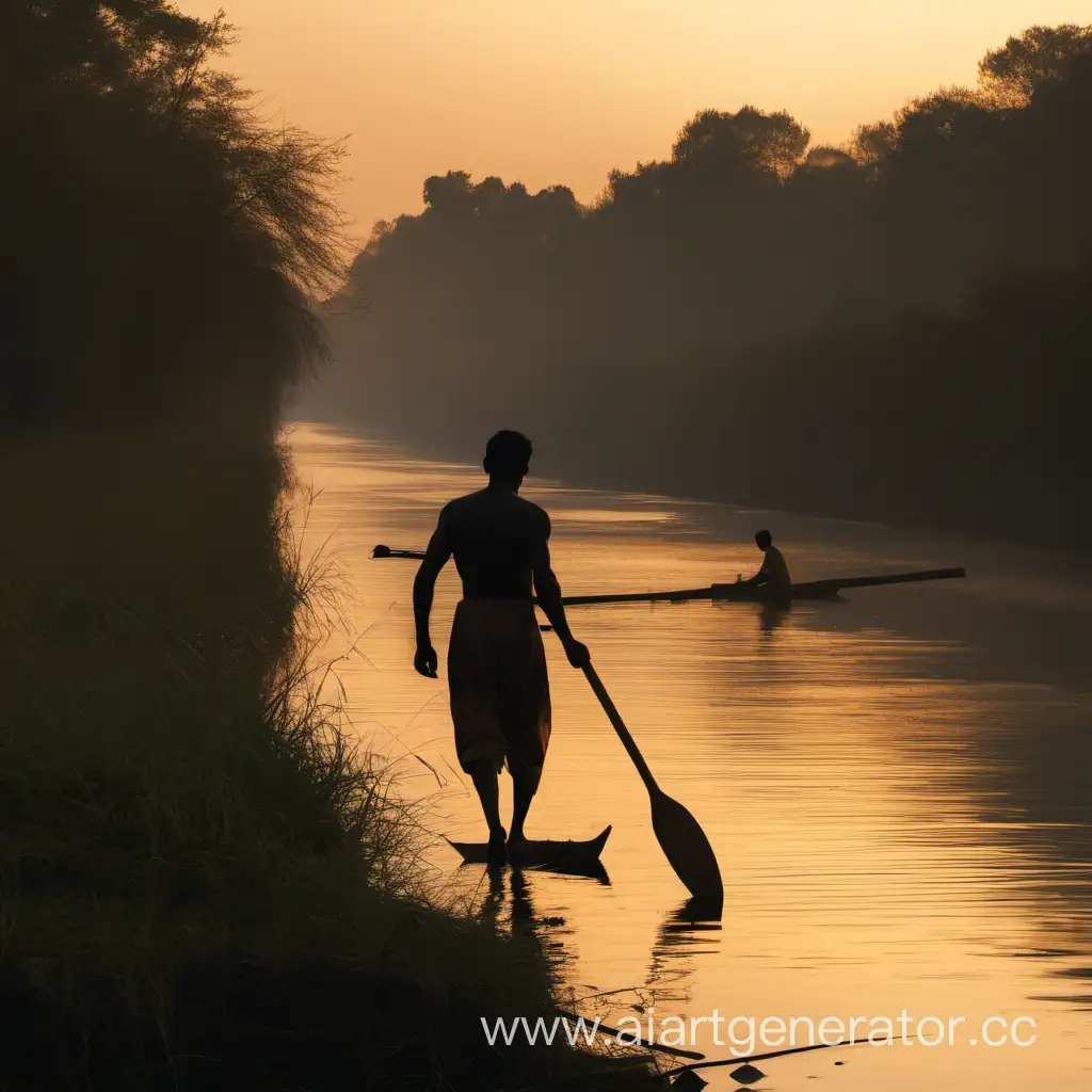 Мужчина идёт по берегу сумрачной реки и несёт на плече весло