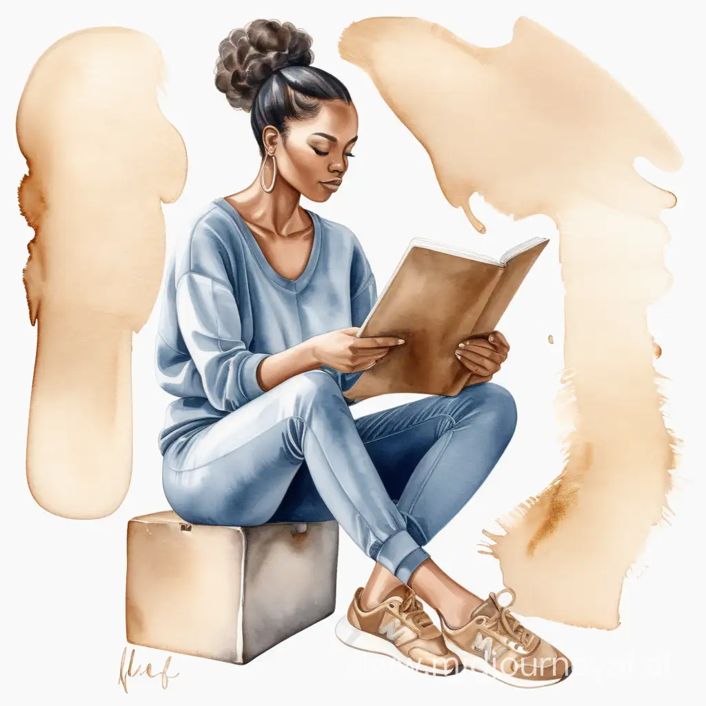 create a watercolor based  illustration with a faceless african american brown skin woman as the subject. she is the only subject in the illustration. she is sitting with her legs crossed. she is feminine. she has black silky hair. she is holding in her hand a pad and a pen, to symbolize creativity. she is an artist. she is wearing a light cadet blue crop top. her sweatpants are gold.  