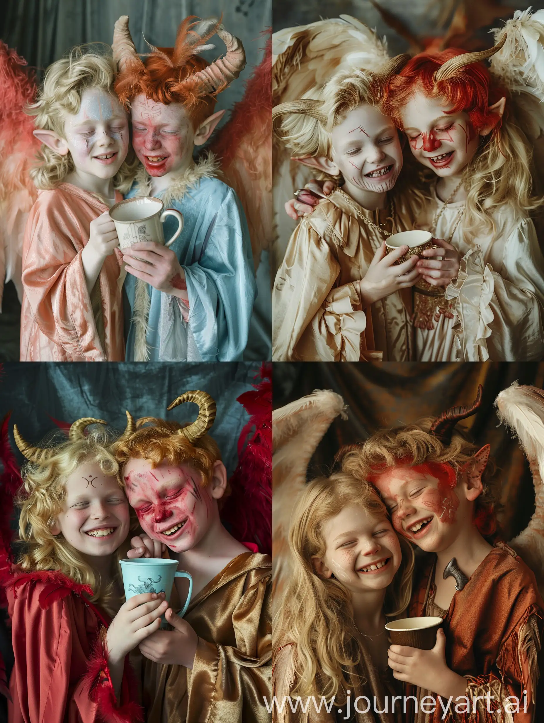 1boy, 1girl, angel, angel and devil, angel wings, blonde hair, closed eyes, colored skin, cup, demon, demon boy, demon horns, demon wings, feathered wings, halo, heads together, holding, horns, indoors, long hair, open mouth, red hair, red skin, robe, smile, teeth, wings --v 6 --ar 3:4 --no 76976
