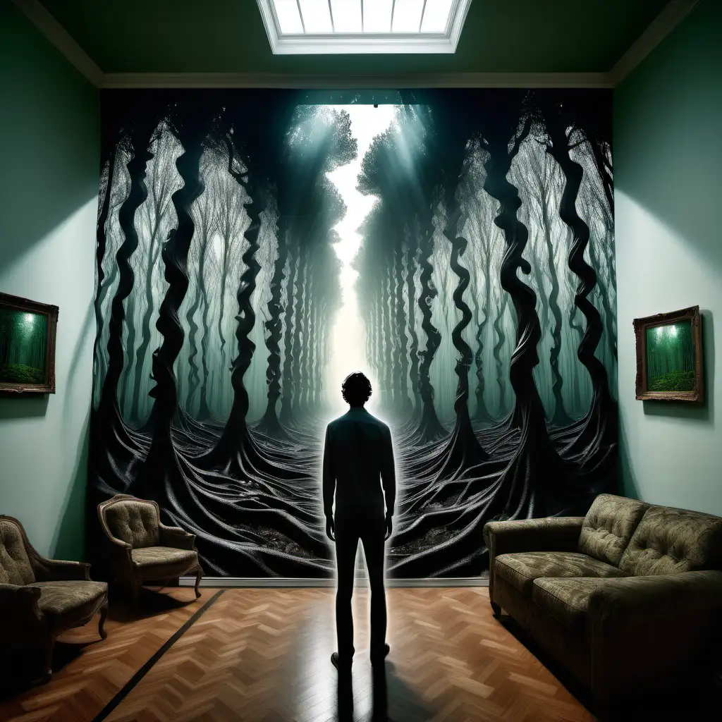 A forest in alivingroom, transparent hallucinations, surrealism, super realistic, life like, surreal, highly detailed, extremly detailed, melting hallucinations, transparent hallucinations, trippy scenery,  surrealistic, a skinny man with wavey hair, the siluette of the man from behind, the face is not visible, cant see the face, smoked room 