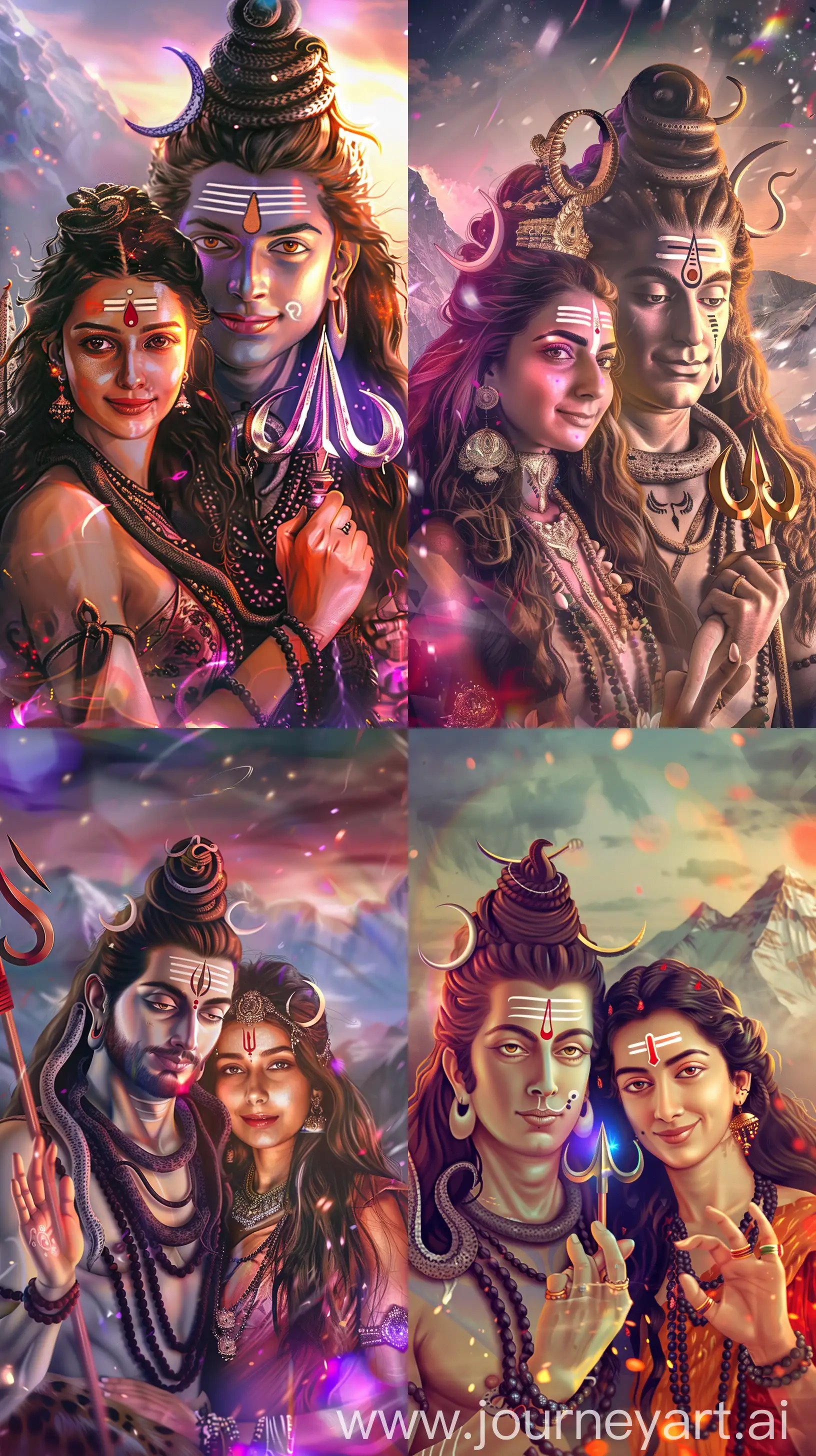 full body illustration of Lord Shiva and Parvati together looking into the camera, Shiva trishul in hand, digital lights, in Himalayas, saturated rainbow shift --ar 9:16 --style raw --stylize 50 --v 6