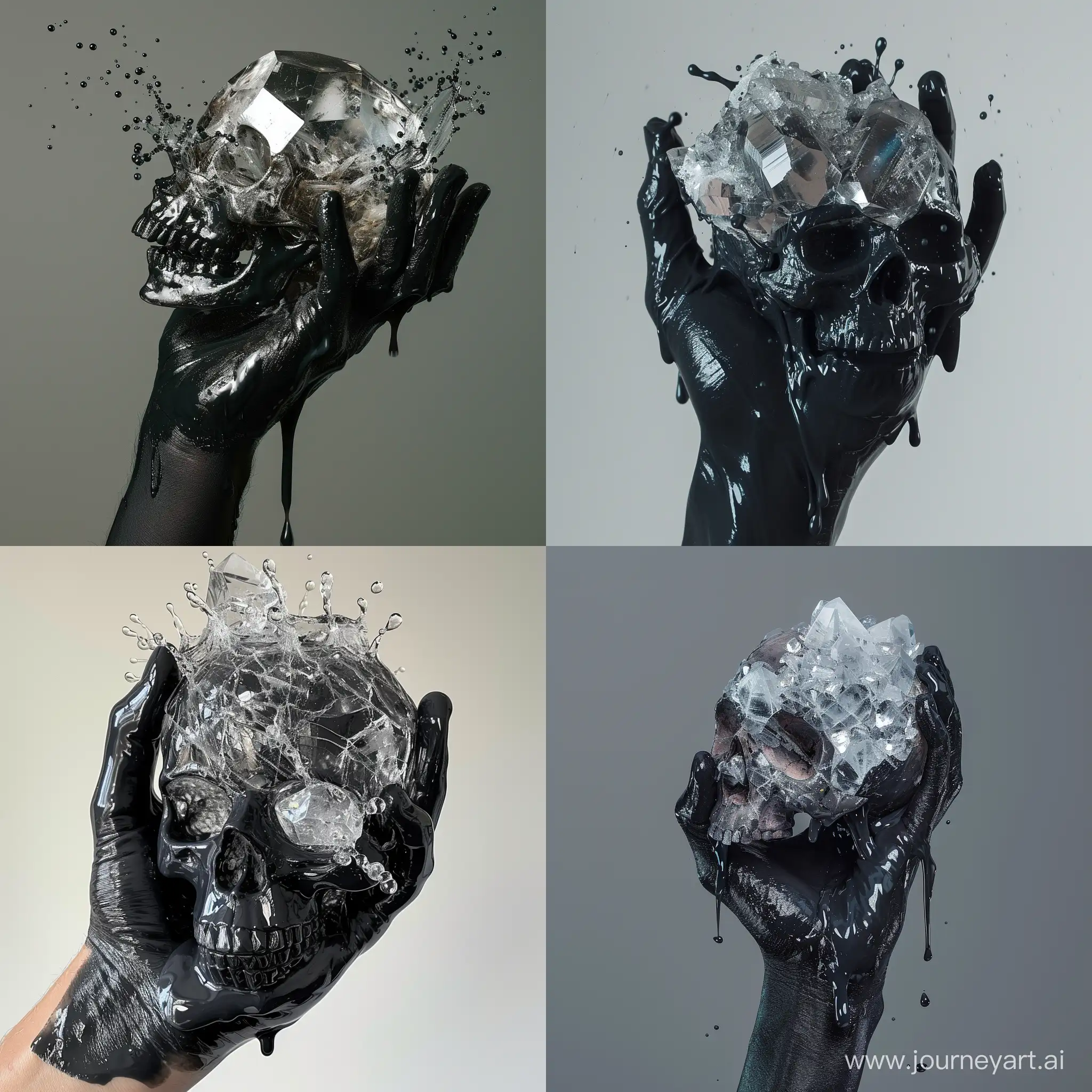Muddy dripping black hand holding cracked crystal gem skull that’s full of slime splashing