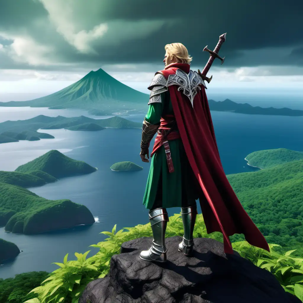 A blonde man in illuminated forest green, crimson, and silver-accented fantasy garb faces away atop a peak toward a vista of verdant islands with mountainous volcanos in the midst of a great sea.  He has a scabbard attached to his back that angles toward his right shoulder.