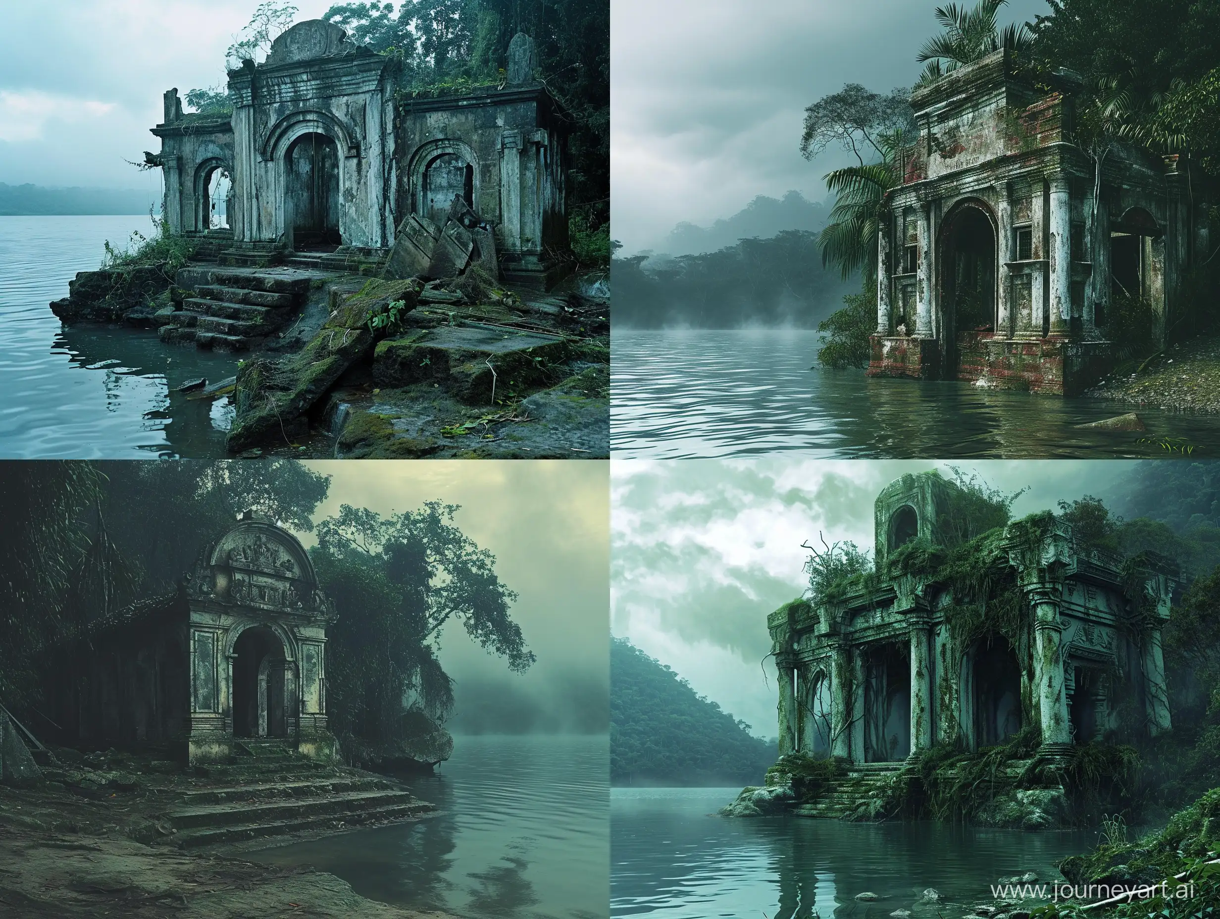 Жуткий полуразрушенный языческий храм на берегу безымянного озера в джунглях Южной Америки