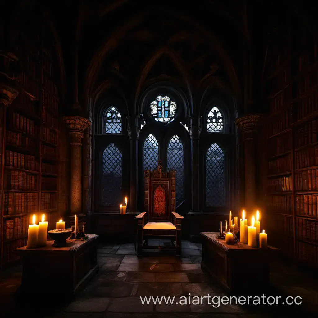 Трон в темной средневековой библиотеке ночью при свечах. Сзади два окна