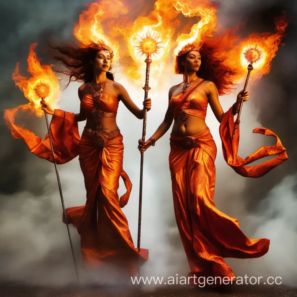 две огненные 
богини с жезлами радостные