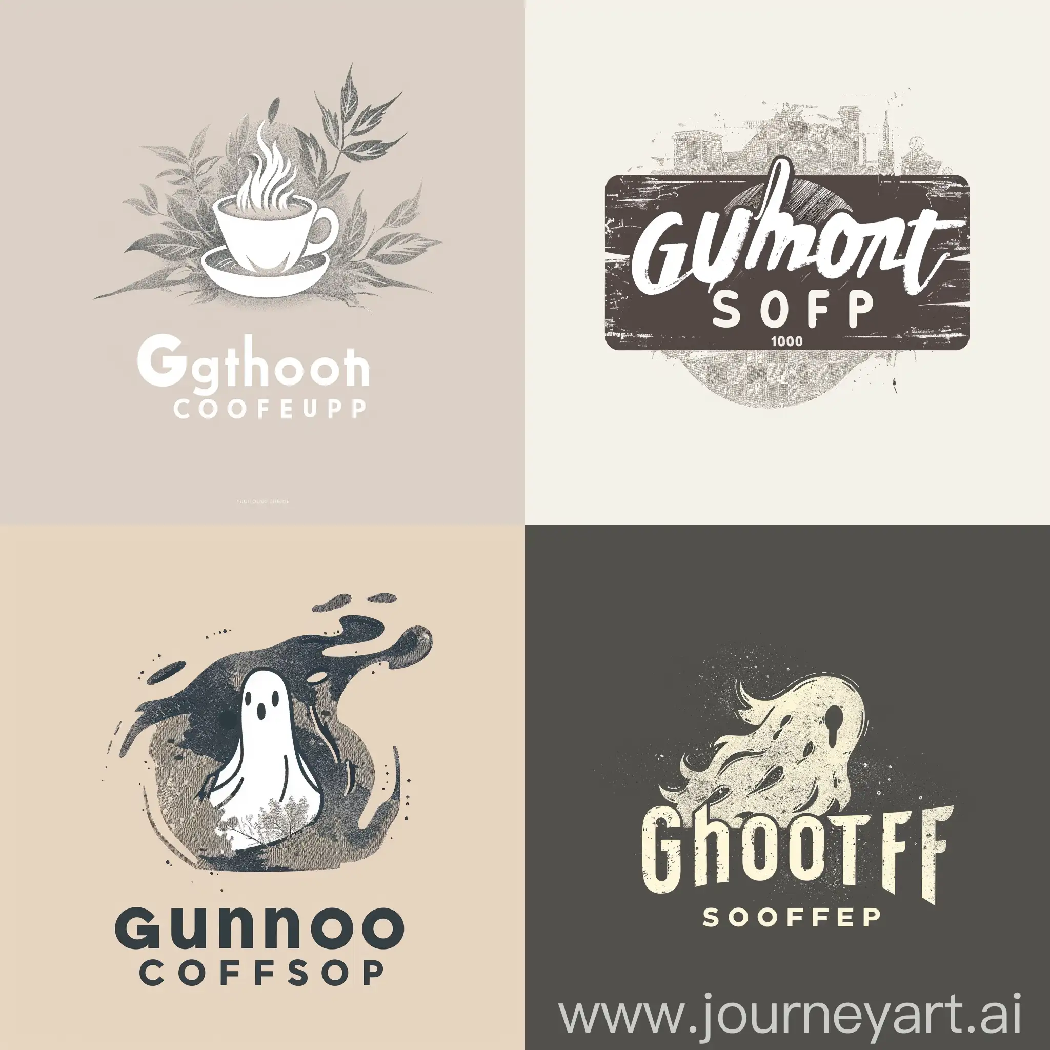 Generate a logo concept for [Ghost Coffee Shop], a [local cafe] located in [London]. The business prides itself on [Unique interior design] and aims to attract [people of all ages].    Please incorporate the following elements into the logo design: - Brand Name: [Ghost Coffee] - Style: [vintage, minimalist] - Color Scheme: [Grey, white]    The logo should convey [the materials is 100% natural] and appeal to [young professionals, families, coffee aficionados].