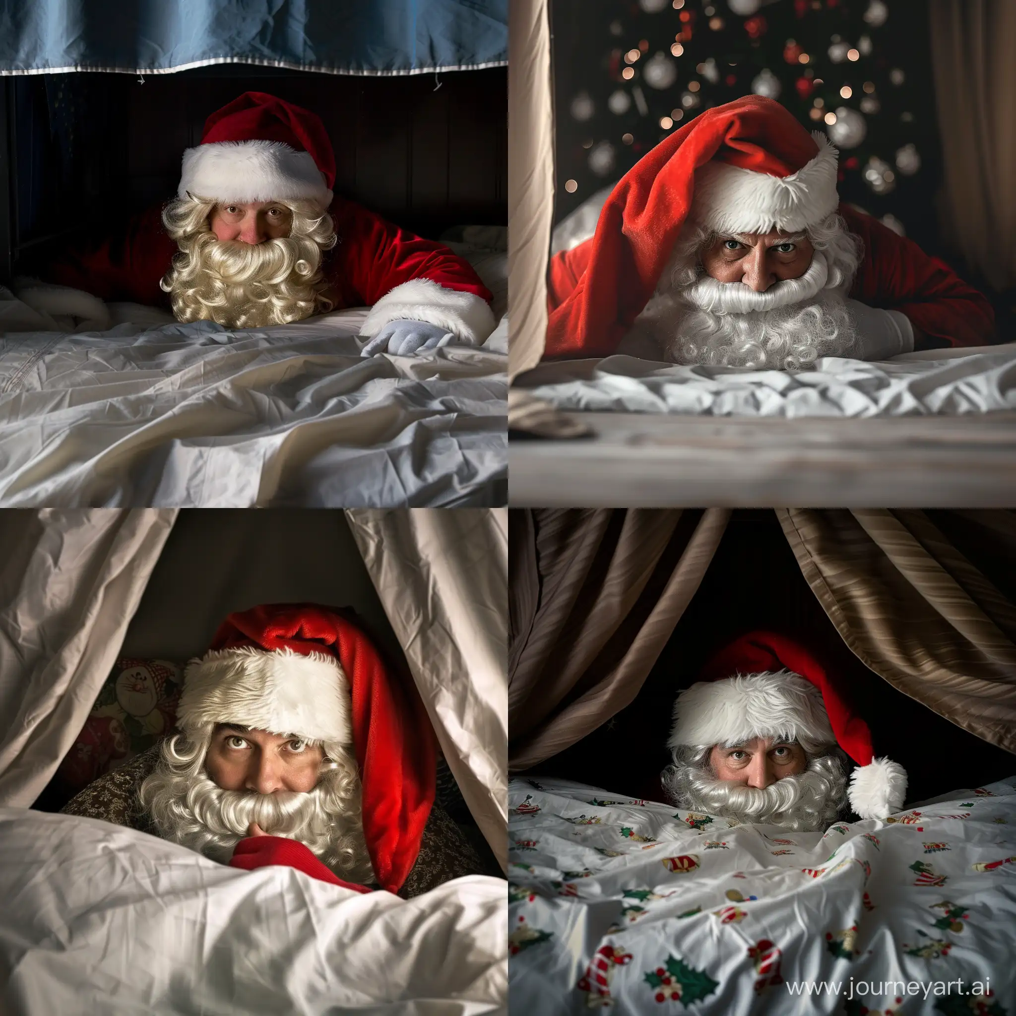 Scary Santa Claus under the bed photorealism