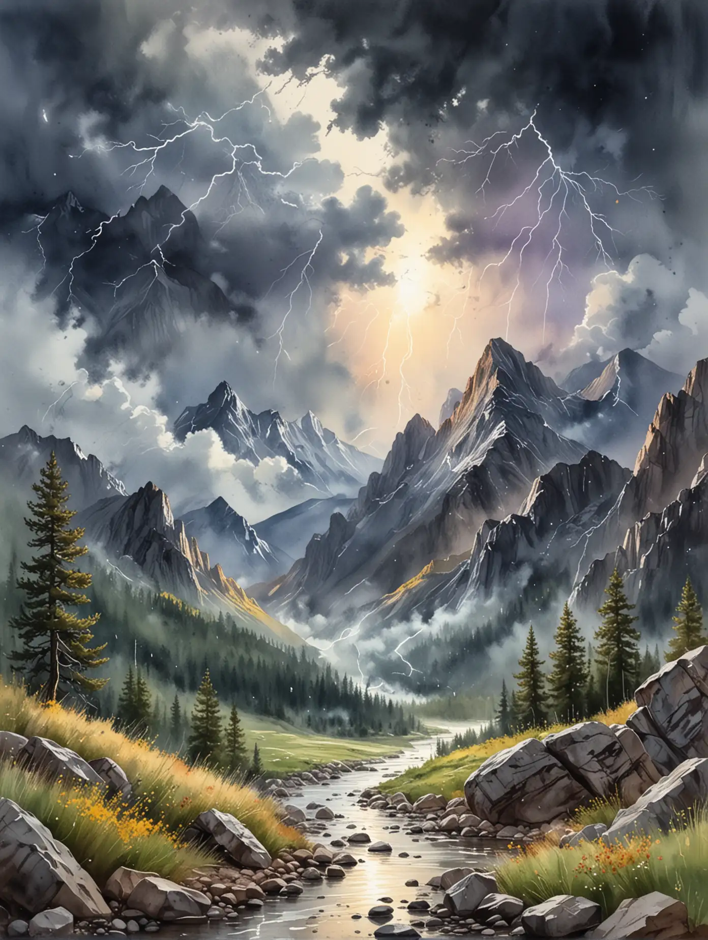 watercolor painting of mountains with thunderstorms and bright lighting bolts