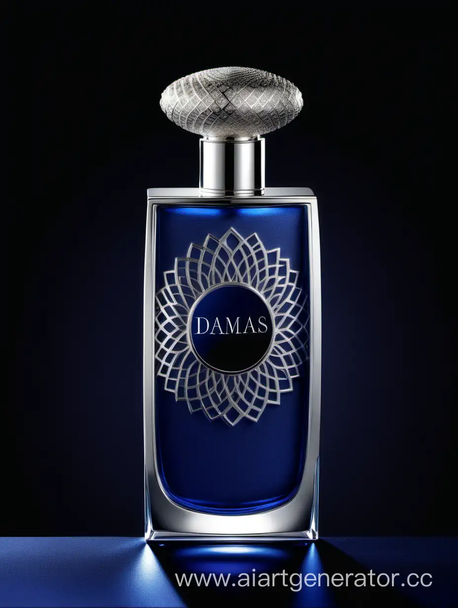 Luxurious-Silver-and-Dark-Blue-Perfume-with-Intricate-3D-Details-on-Black-Background
