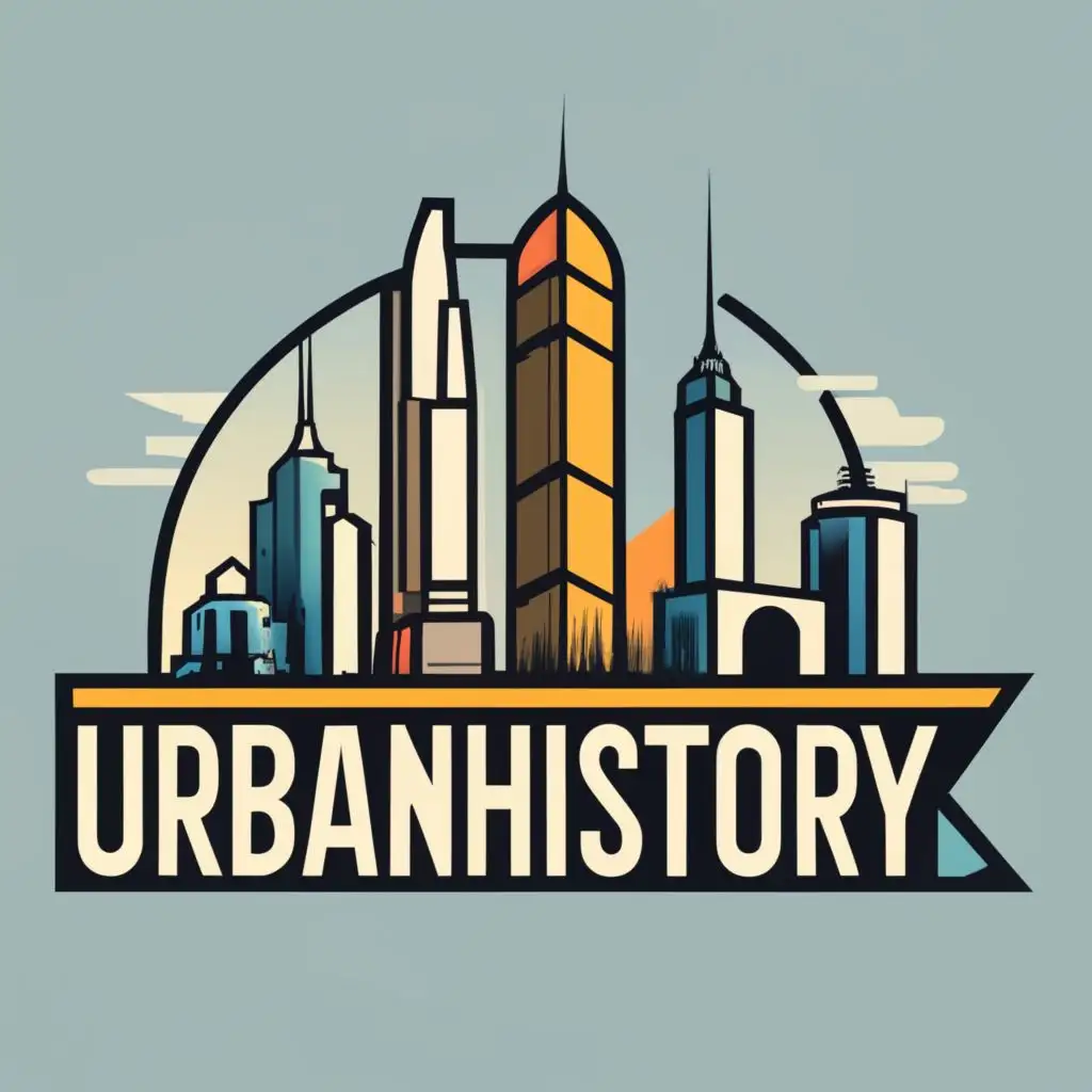logo, UrbanHistory.com text with a city skyline above it starting with historical buildings on the left and ending with futuristic skyscrapers on the right on a white background, with the text "UrbanHistory.com, white background", typography, be used in Construction industry