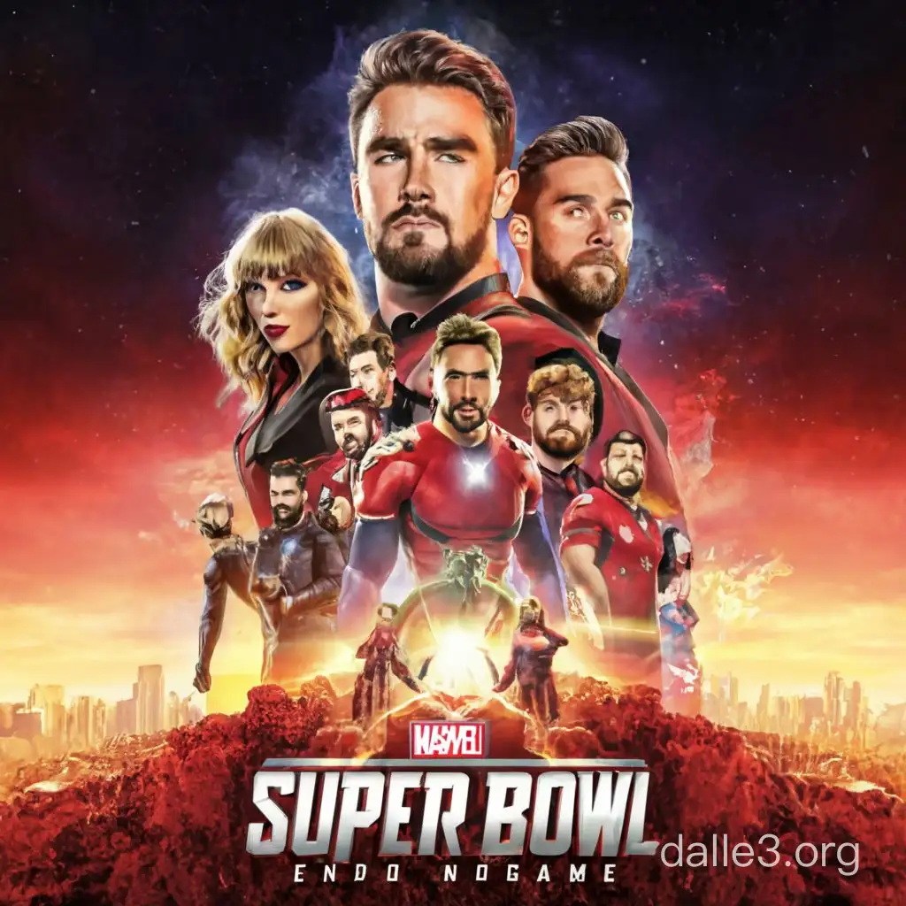 super bowl 2024 poster in the style of Avengers Endgame with Travis Kelce, Taylor Swift, and Patrick Mahomes