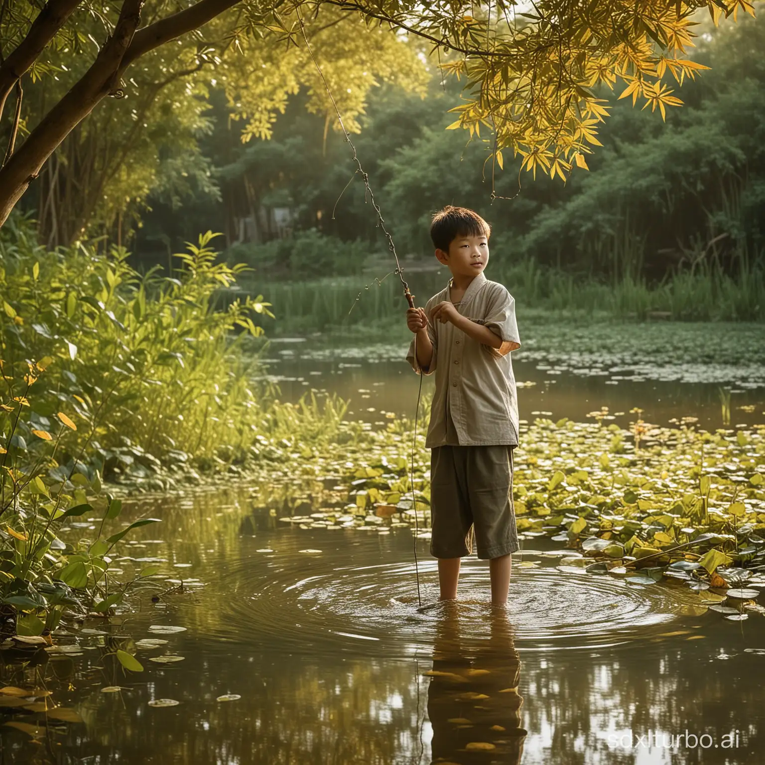 Tranquil-East-China-Countryside-Boy-Fishing-Under-Willow-Tree