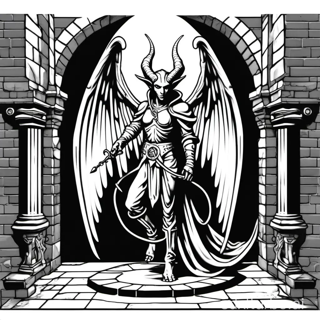 style of 1980 Dungeons and Dragons, plain white background, a statue of a tiefling:angel, in a courtyard, isolated in white, 1bit bw,