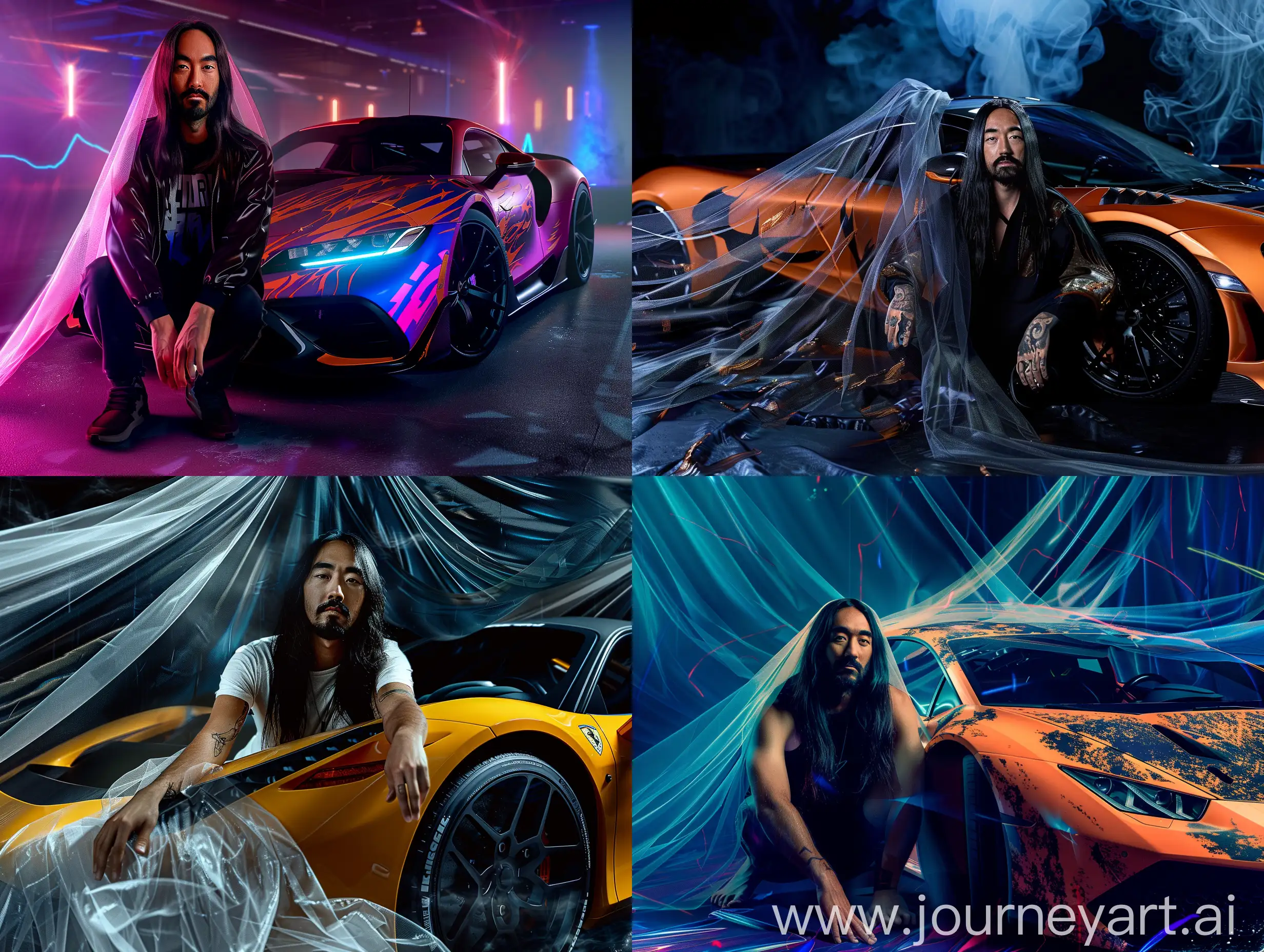 Devon Aoki next to a sports car, veil, aerographics, dark background, dynamic battle scene, hyper realistic, 8k,