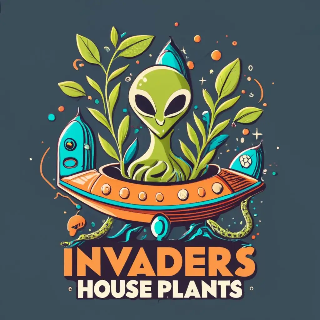 logo, Create an alien shaped like a house plant logo in a ship that has vines coming from its spaceship, with the text "Invaders House Plants", typography
