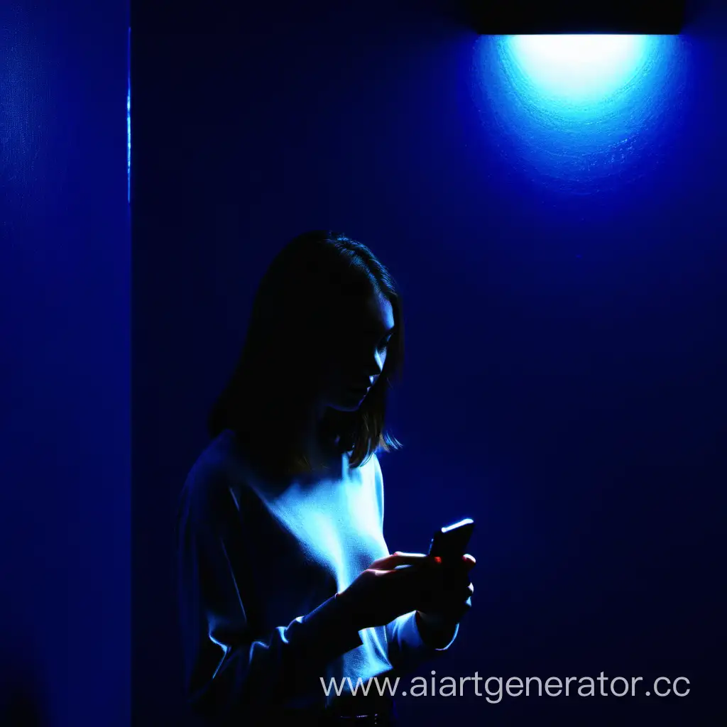   girl with phone in dark blue room 