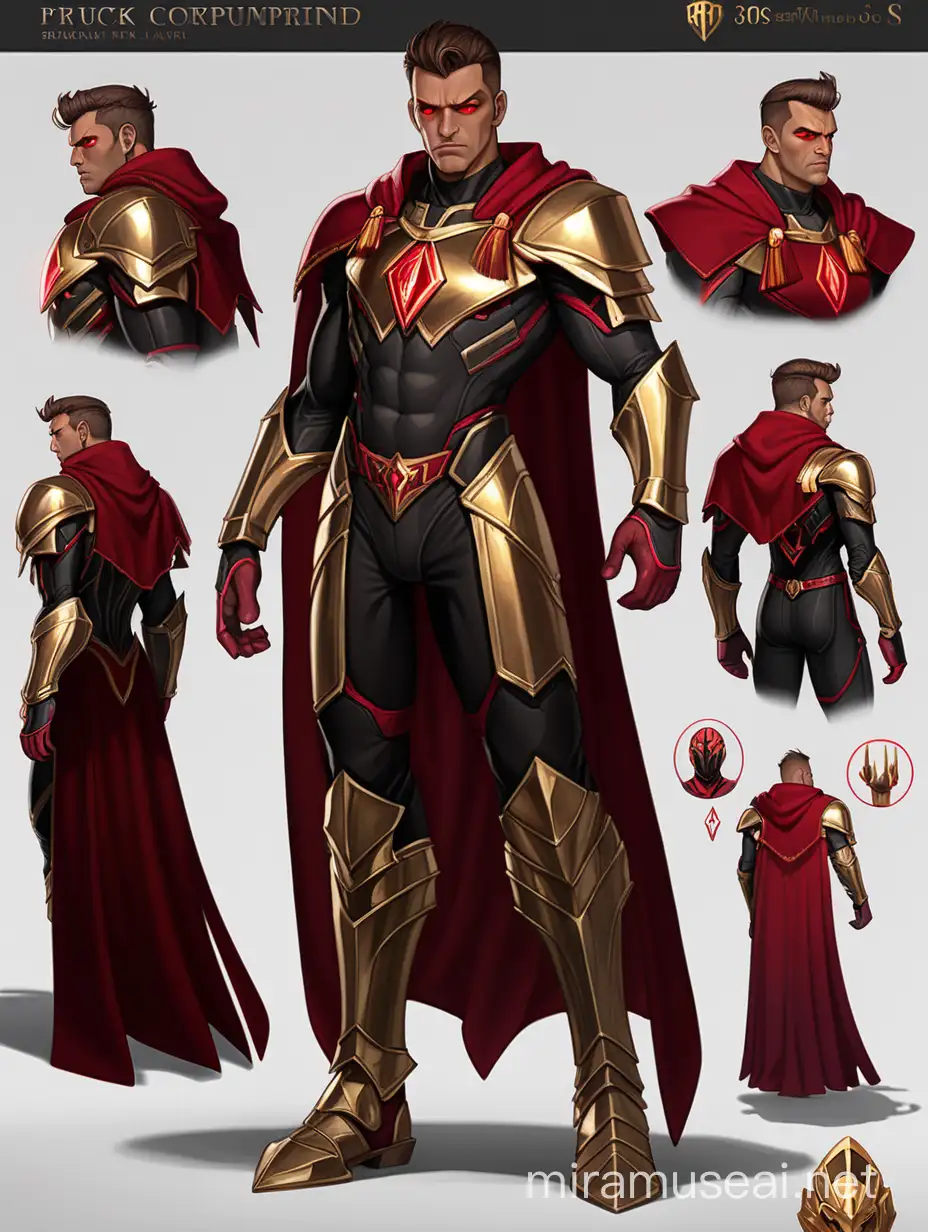 aloof 30s male, fallen corrupted superhero, tan skin, dark blond hair undercut, glowing red eyes, strong jawline, black gold ruby bodysuit armor gauntlets pauldrons greaves, floor-length red cape, golden tassel earrings, condescending glare, videogame character concept reference sheet