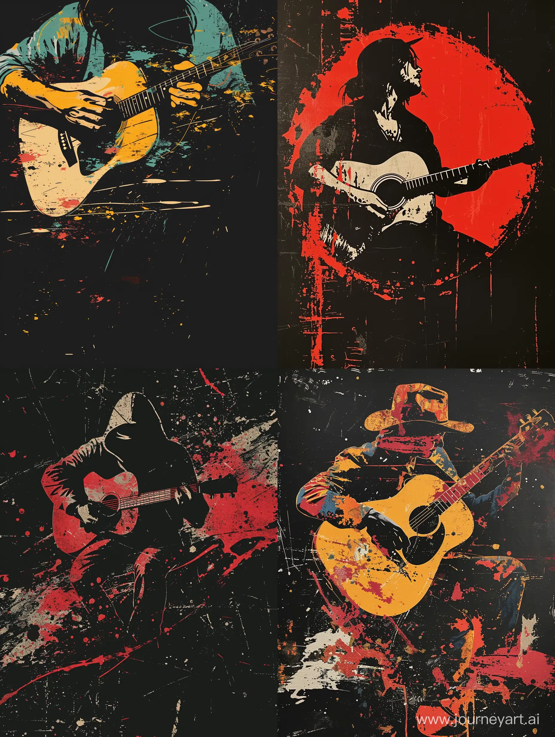 Genere une affiche de spectacle sur fond noir ayant pour thématique guitariste acoustique dans le style Banksy