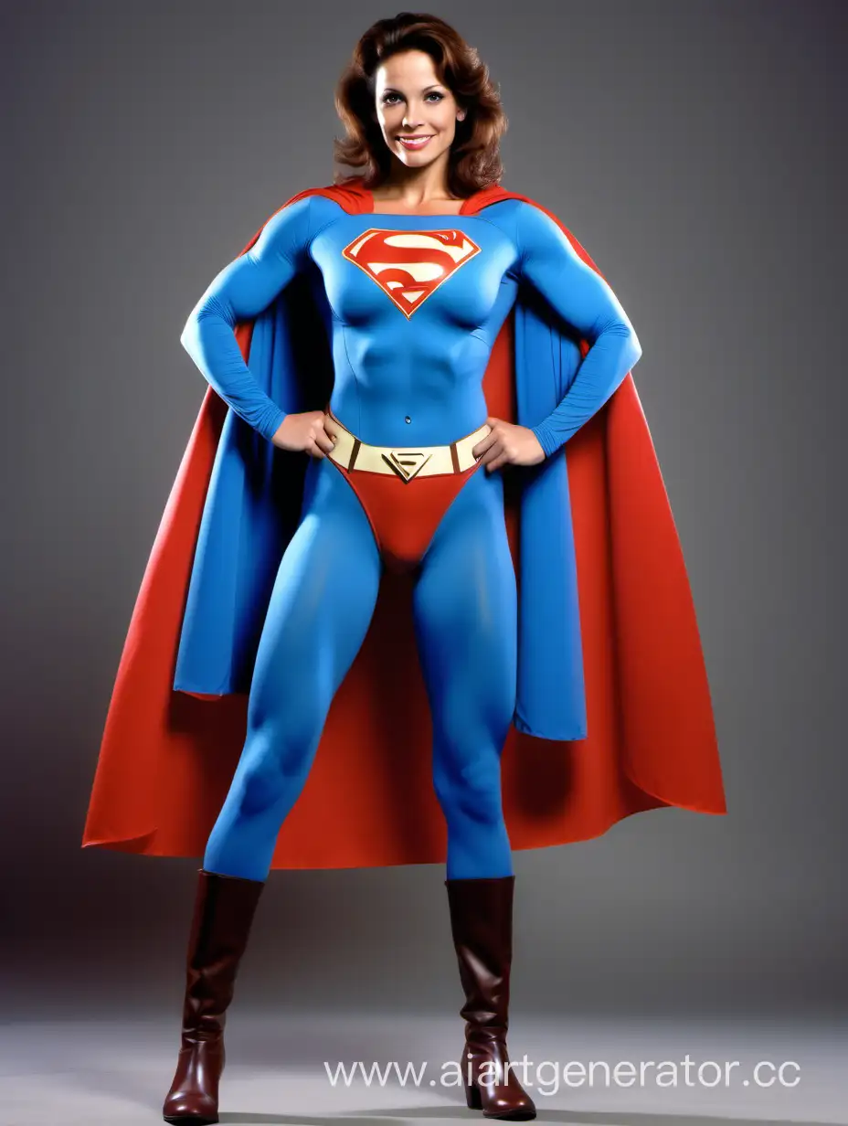 A beautiful woman with brown hair, age 35, She is happy and muscular. She has the physique of a champion bodybuilder. She is wearing a Superman costume with (blue leggings), (long blue sleeves), red briefs, red boots, and a long cape. The symbol on her chest has no black outlines. She is posed like a superhero, strong and powerful. In the style of a 1980s movie. 