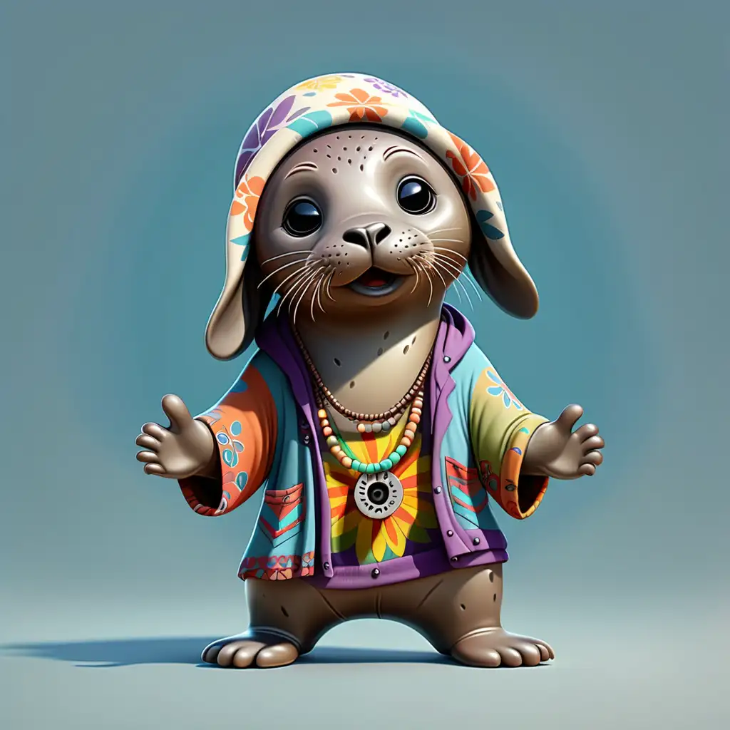 a cute Seal in full body cartoon style with Hippie clothes with clear background