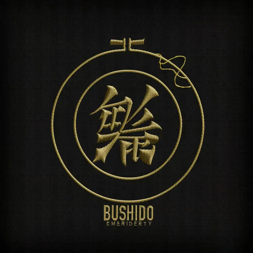 logo, logo of a simplified samurai embroided on an embroidery hoop, classy, simple, black and gold, with the text "Bushido embroidery", black background, typography