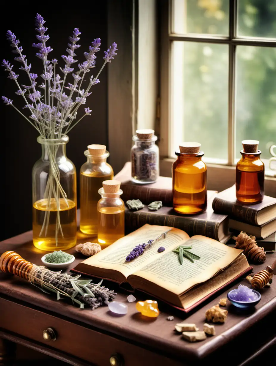 Please create a photorealistic book cover featuring an antique table near a window. There should be a messy array of natural ingredients: honey, lavender, crystals, sage, ginger, maybe an open book, and one or two apothecary bottles. The title of the book is "The Beginner's Guide to Alternative Therapies"
