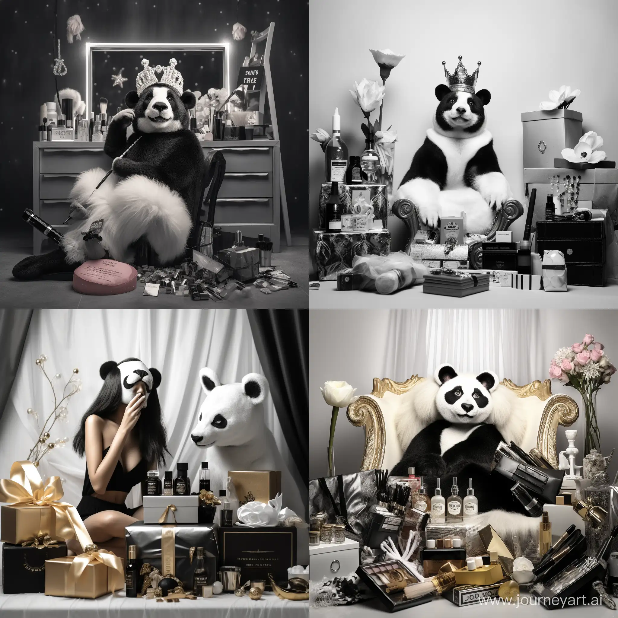 Create me an image photorialstic at eye level master shot of a black and white female panda.  She looks cute she is relaxed, smiling and happy inside the beauty salon, wearing a golden crown on her head. Next to her is abox of beauty products. 