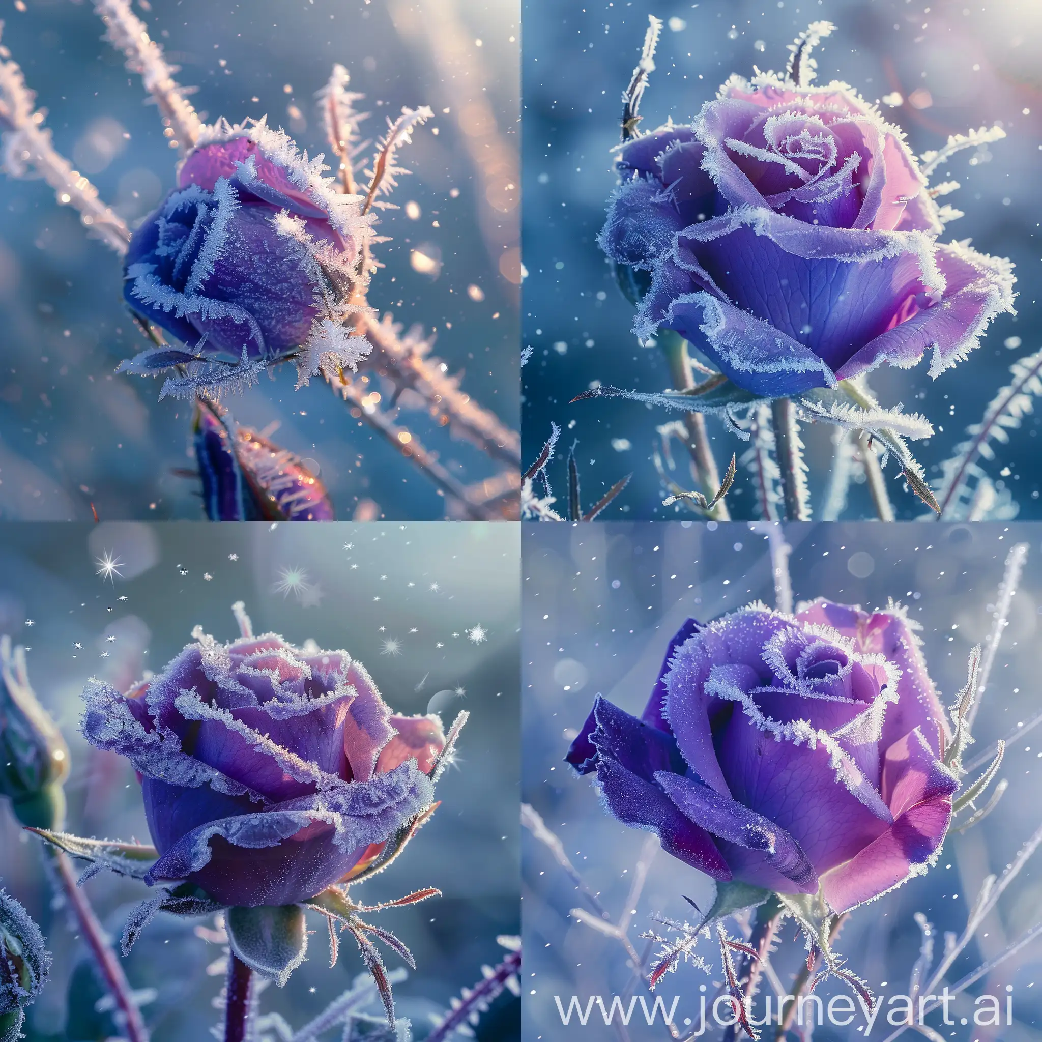 Макро, голубо- фиолетовая роза  в инее , длинных иголочках инея , на  голубоватом фоне  падают снежинки , утреннее солнце ,профессиональное фото , всокое качество