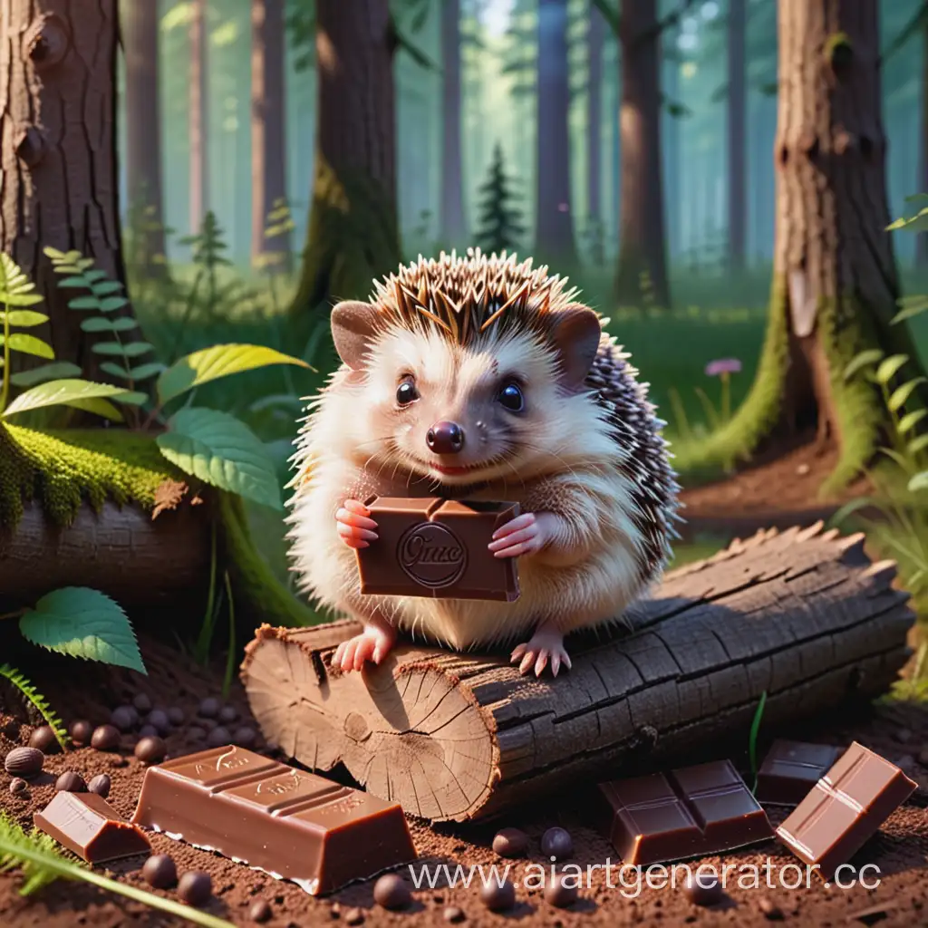 Summer-Forest-Scene-Hedgehog-Enjoying-Chocolate-Bar-on-Stump